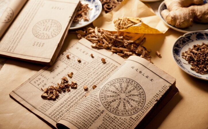 Libros antiguos y hierbas medicinales tradicionales que representan la sabiduría ancestral de la Medicina Tradicional China